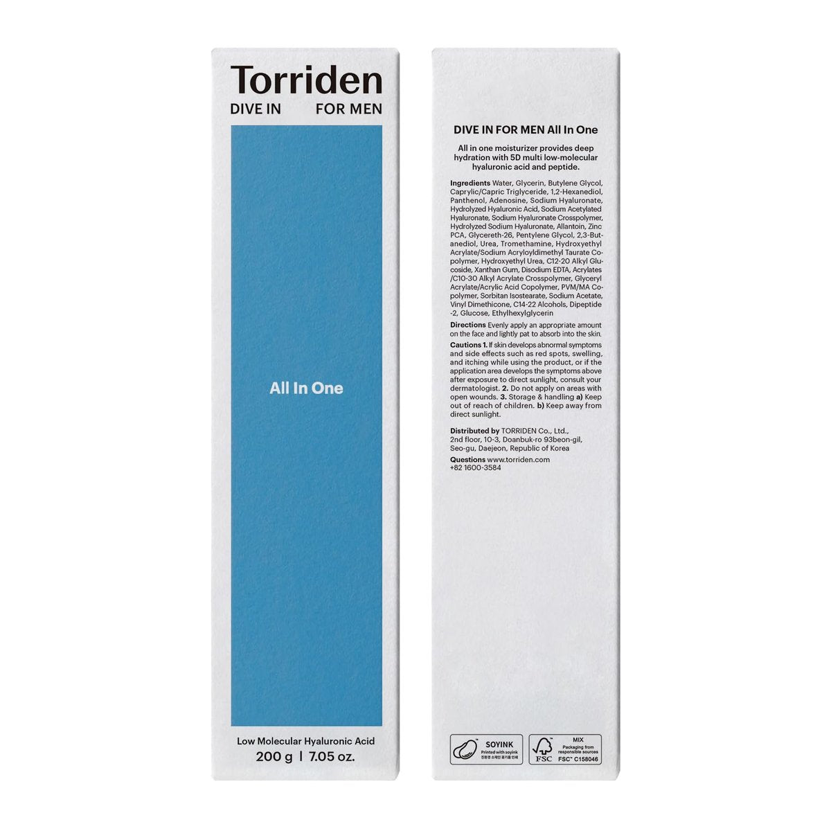 Torriden DIVE IN FOR MEN All In One 200ml - Hydrating & Sebum Care Face Moisturizer with Hyaluronic Acid, Panthenol, Allantoin Avelisse