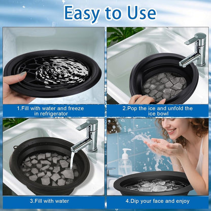 Collapsible Silicone Face Bowl for Ice Bath – Portable Cold Plunge Basin with Built-in Ice Tray, Small Reusable Spa Tool for Home, Camping & Travel (Black)
