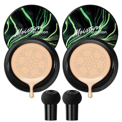 PERVALA 2Pcs Mushroom Head Air Cushion CC Cream - Natural Color, Long Lasting Oil Control BB Cream for All Skin Types, Moisturizing Foundation Face Makeup Set with Foundation Brush