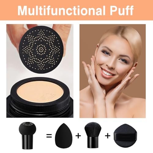 PERVALA 2Pcs Mushroom Head Air Cushion CC Cream - Natural Color, Long Lasting Oil Control BB Cream for All Skin Types, Moisturizing Foundation Face Makeup Set with Foundation Brush - görsel 12
