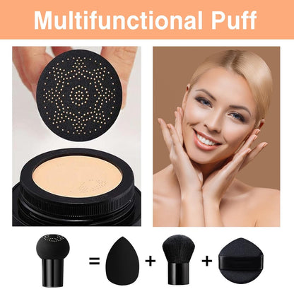 PERVALA 2Pcs Mushroom Head Air Cushion CC Cream - Natural Color, Long Lasting Oil Control BB Cream for All Skin Types, Moisturizing Foundation Face Makeup Set with Foundation Brush