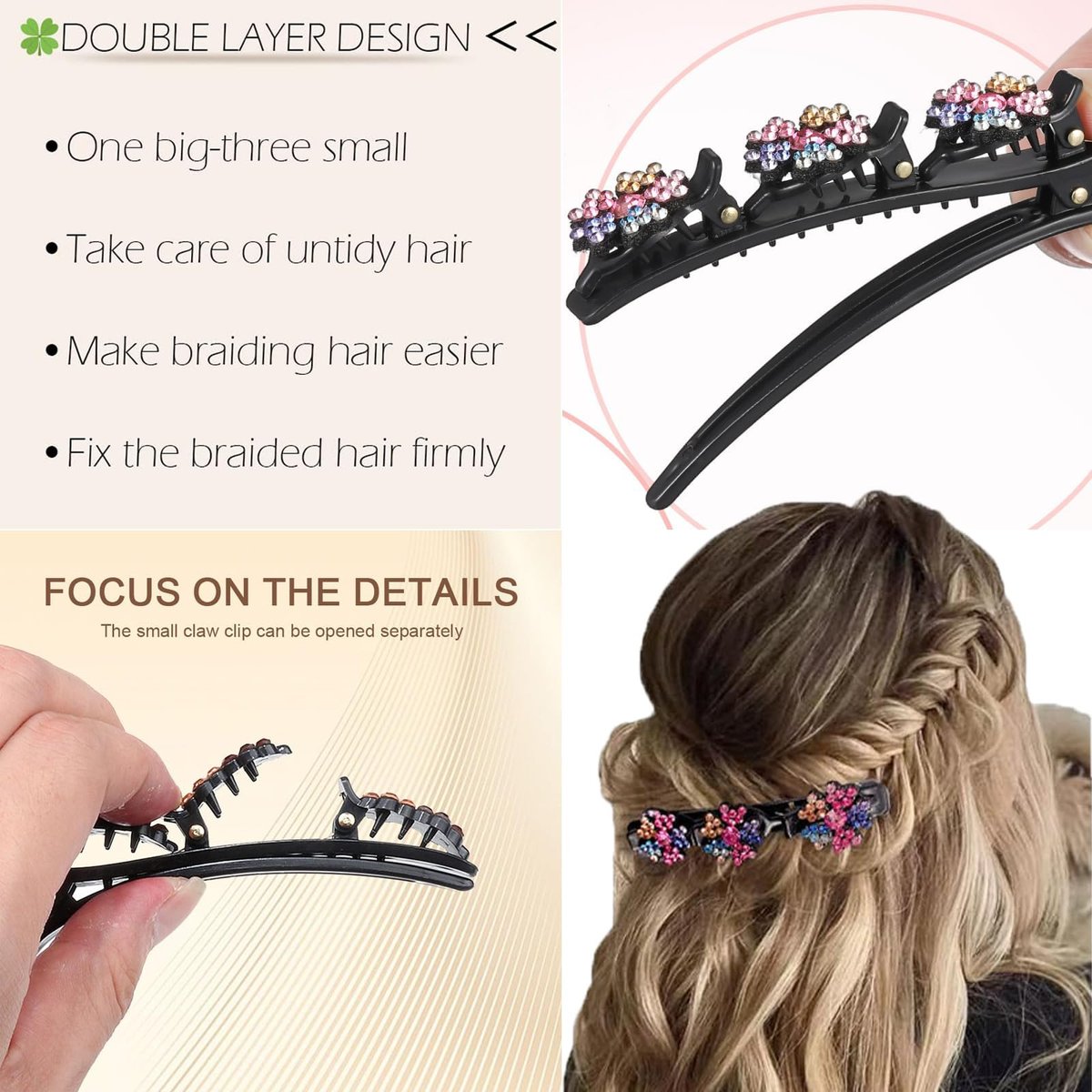 KERYALELA Braided Hair Clips - Sparkling Crystal Stone Barrettes for Styling Partitions, Decorative Rhinestone Hair Accessories for Women - Duckbill Hair Clips (8 Pcs) - görsel 5