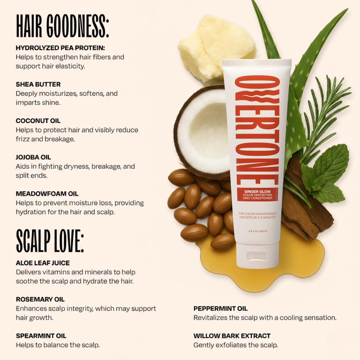 Overtone Daily Color Depositing Conditioner - Ginger Glow - Temporary Pigment with Shea, Coconut & Avocado Oils - Hydrating, Vegan & Cruelty-Free - All Hair Types - 4.5 oz Avelisse