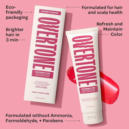oVertone Daily Color Depositing Conditioner for Hair - Raspberry Pink - 4.5 oz - Temporary Pigment with Shea, Coconut & Avocado Oils - Hydrating, Vegan & Cruelty-Free - All Hair Types Avelisse