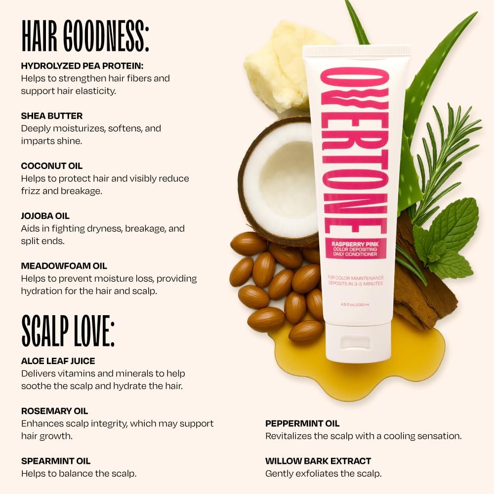 oVertone Daily Color Depositing Conditioner for Hair - Raspberry Pink - 4.5 oz - Temporary Pigment with Shea, Coconut & Avocado Oils - Hydrating, Vegan & Cruelty-Free - All Hair Types Avelisse