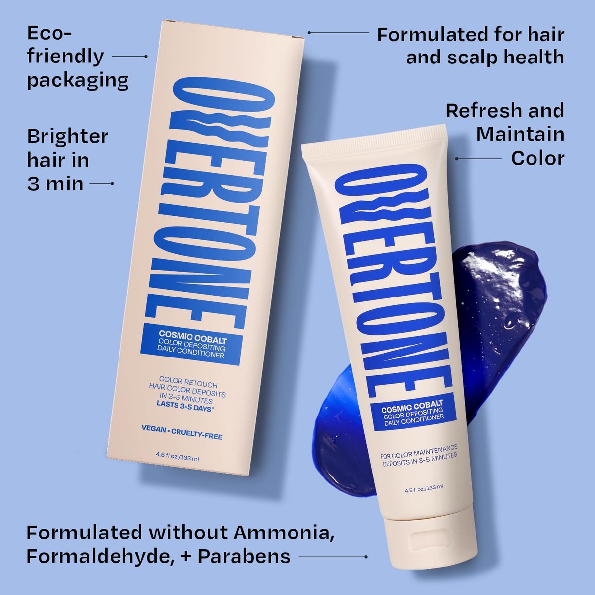 Overtone Daily Color Depositing Conditioner for Hair - Cosmic Cobalt (4.5 oz) - Temporary Pigment with Shea, Coconut & Avocado Oils - Hydrating, Vegan & Cruelty-Free Avelisse