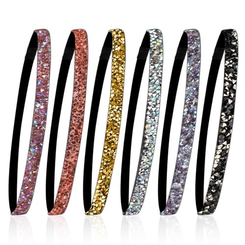 6-Piece Glitter Non-Slip Felt Headbands: Rhinestone Running Hairband, Shiny Elastic Headband for Women – Colorful Adjustable Sparkly Sports Fabric Hair Accessories for Yoga & Fitness - görsel 2