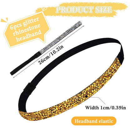 6-Piece Glitter Non-Slip Felt Headbands: Rhinestone Running Hairband, Shiny Elastic Headband for Women – Colorful Adjustable Sparkly Sports Fabric Hair Accessories for Yoga & Fitness