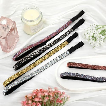 6-Piece Glitter Non-Slip Felt Headbands: Rhinestone Running Hairband, Shiny Elastic Headband for Women – Colorful Adjustable Sparkly Sports Fabric Hair Accessories for Yoga & Fitness