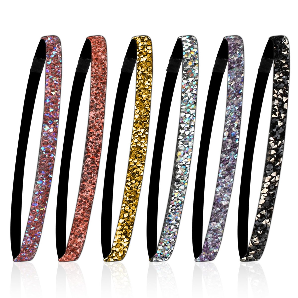 6-Piece Glitter Non-Slip Felt Headbands: Rhinestone Running Hairband, Shiny Elastic Headband for Women – Colorful Adjustable Sparkly Sports Fabric Hair Accessories for Yoga & Fitness - görsel 1