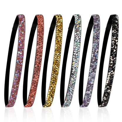 6-Piece Glitter Non-Slip Felt Headbands: Rhinestone Running Hairband, Shiny Elastic Headband for Women – Colorful Adjustable Sparkly Sports Fabric Hair Accessories for Yoga & Fitness