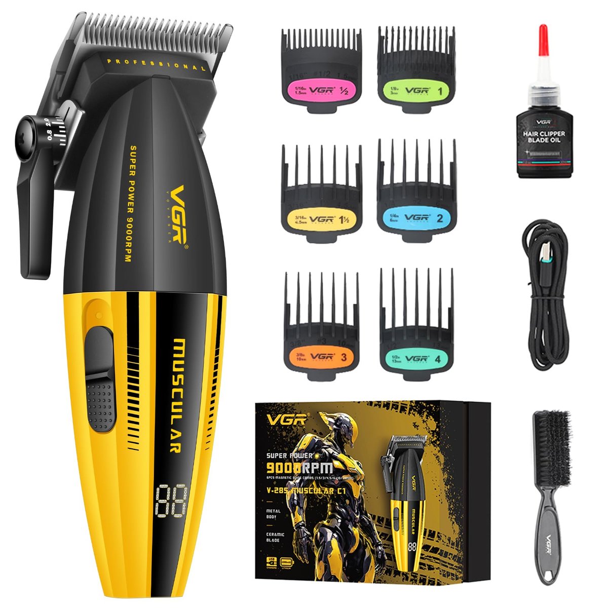 VGR 285 Fresh Fade Hair Clippers for Men – 9000RPM Professional Cordless Hair Trimmer with 6 Magnetic Guide Combs, LED Display, Lightweight & Versatile Barber Kit Avelisse
