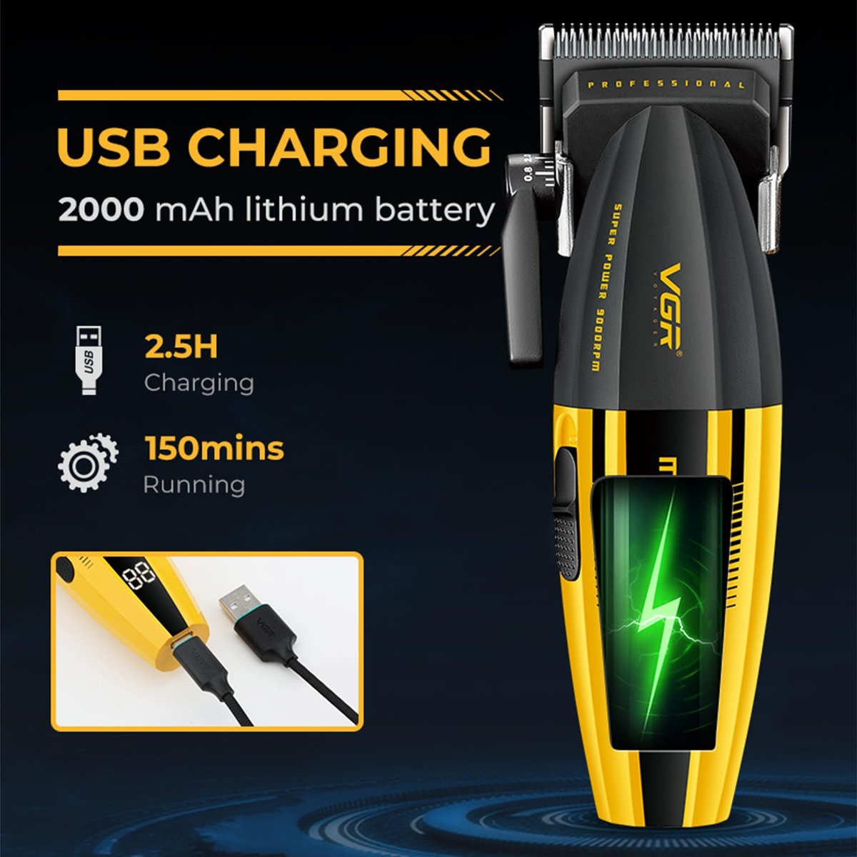 VGR 285 Fresh Fade Hair Clippers for Men – 9000RPM Professional Cordless Hair Trimmer with 6 Magnetic Guide Combs, LED Display, Lightweight & Versatile Barber Kit Avelisse