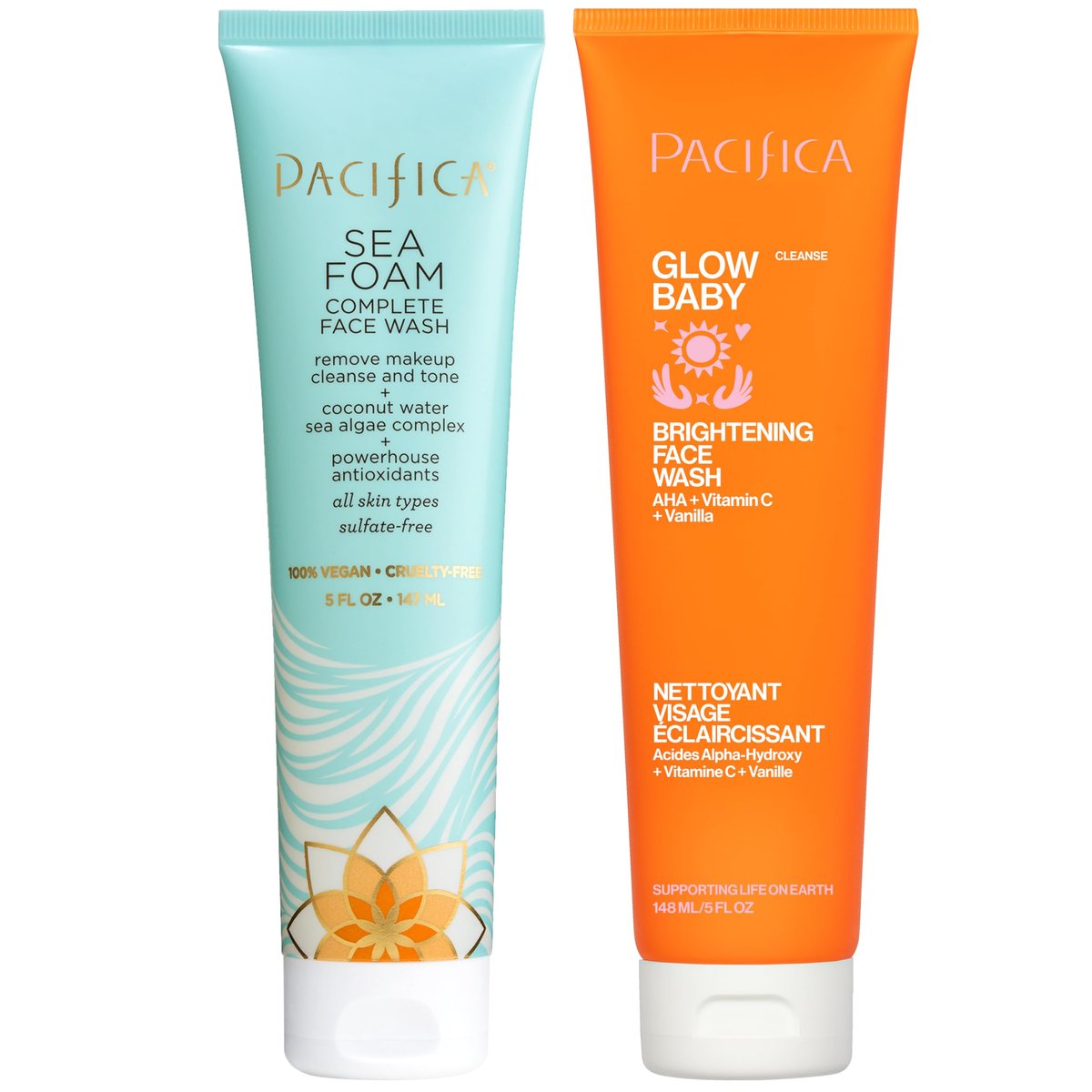 Pacifica Face Wash Duo – Glow Baby Vitamin C Brightening Cleanser + Sea Foam Gentle Cleanser, Daily Exfoliating Face Wash Set for All Skin Types, Sulfate-Free, Vegan Avelisse