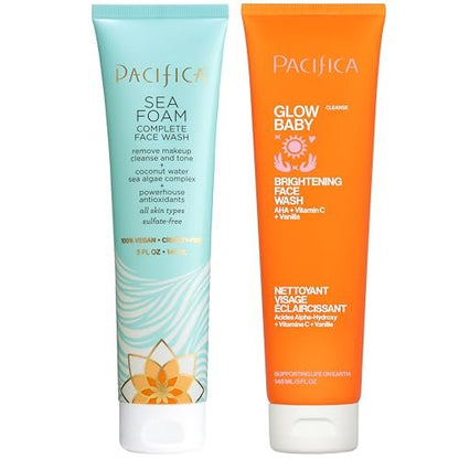 Pacifica Face Wash Duo – Glow Baby Vitamin C Brightening Cleanser + Sea Foam Gentle Cleanser, Daily Exfoliating Face Wash Set for All Skin Types, Sulfate-Free, Vegan Avelisse