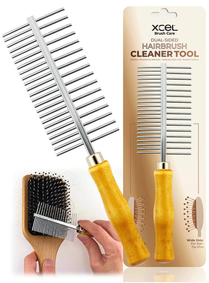 XCEL 2-in-1 Hair Brush Cleaner Tool – Dual-Sided Remover Comb for Paddle, Boar Bristle & Detangling Brushes (Beige, Bamboo) Avelisse
