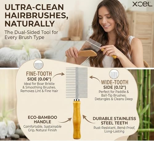 XCEL 2-in-1 Hair Brush Cleaner Tool – Dual-Sided Remover Comb for Paddle, Boar Bristle & Detangling Brushes (Beige, Bamboo) Avelisse