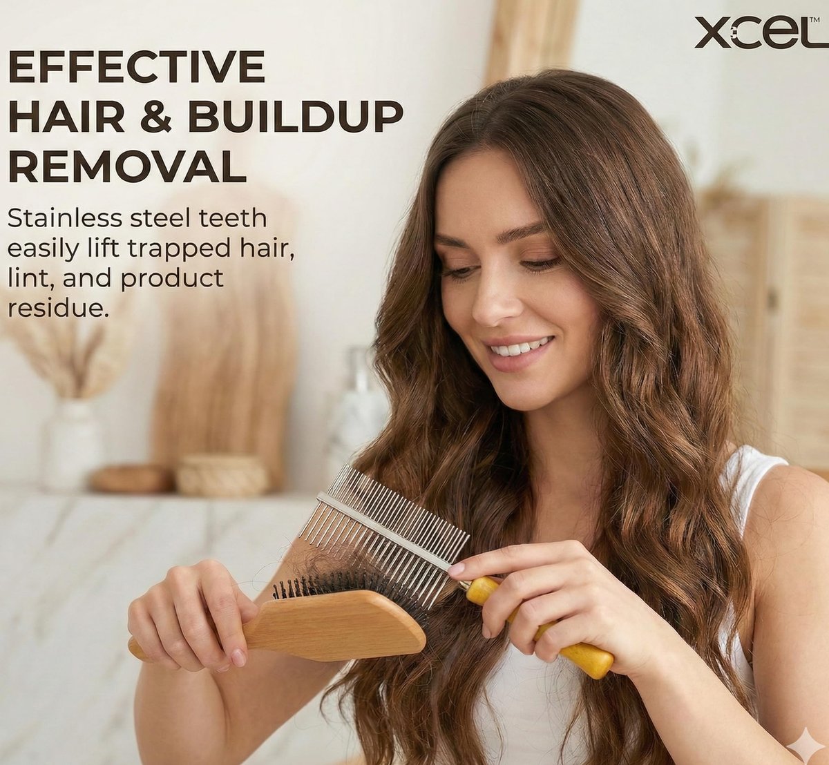 XCEL 2-in-1 Hair Brush Cleaner Tool – Dual-Sided Remover Comb for Paddle, Boar Bristle & Detangling Brushes (Beige, Bamboo) Avelisse