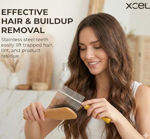 XCEL 2-in-1 Hair Brush Cleaner Tool – Dual-Sided Remover Comb for Paddle, Boar Bristle & Detangling Brushes (Beige, Bamboo) Avelisse