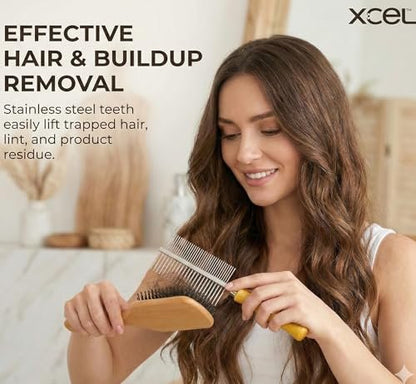 XCEL 2-in-1 Hair Brush Cleaner Tool – Dual-Sided Remover Comb for Paddle, Boar Bristle & Detangling Brushes (Beige, Bamboo) Avelisse