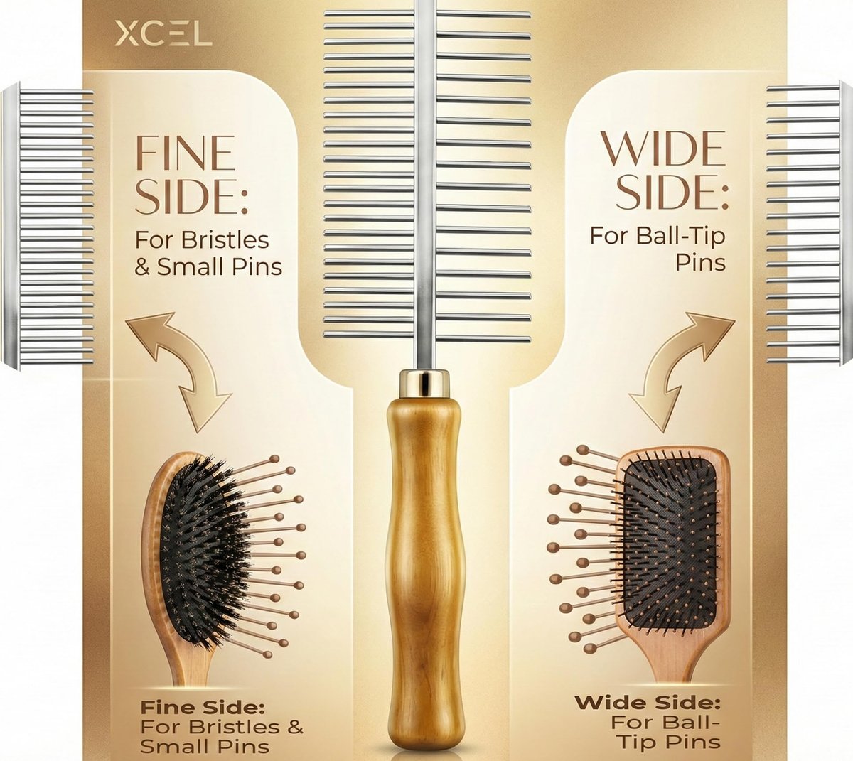 XCEL 2-in-1 Hair Brush Cleaner Tool – Dual-Sided Remover Comb for Paddle, Boar Bristle & Detangling Brushes (Beige, Bamboo) Avelisse