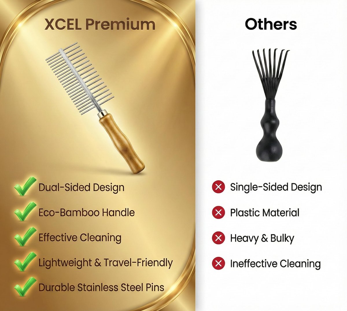 XCEL 2-in-1 Hair Brush Cleaner Tool – Dual-Sided Remover Comb for Paddle, Boar Bristle & Detangling Brushes (Beige, Bamboo) Avelisse