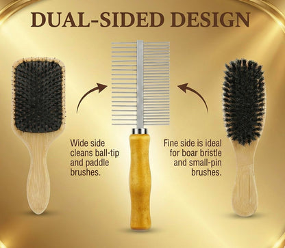 XCEL 2-in-1 Hair Brush Cleaner Tool – Dual-Sided Remover Comb for Paddle, Boar Bristle & Detangling Brushes (Beige, Bamboo) Avelisse