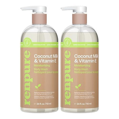 Renpure Coconut Milk & Vitamin E Moisturizing Body Wash - 24 Fl Oz (Pack of 2) - Gently Cleanses & Restores Moisture Balance for Soft, Hydrated Skin
