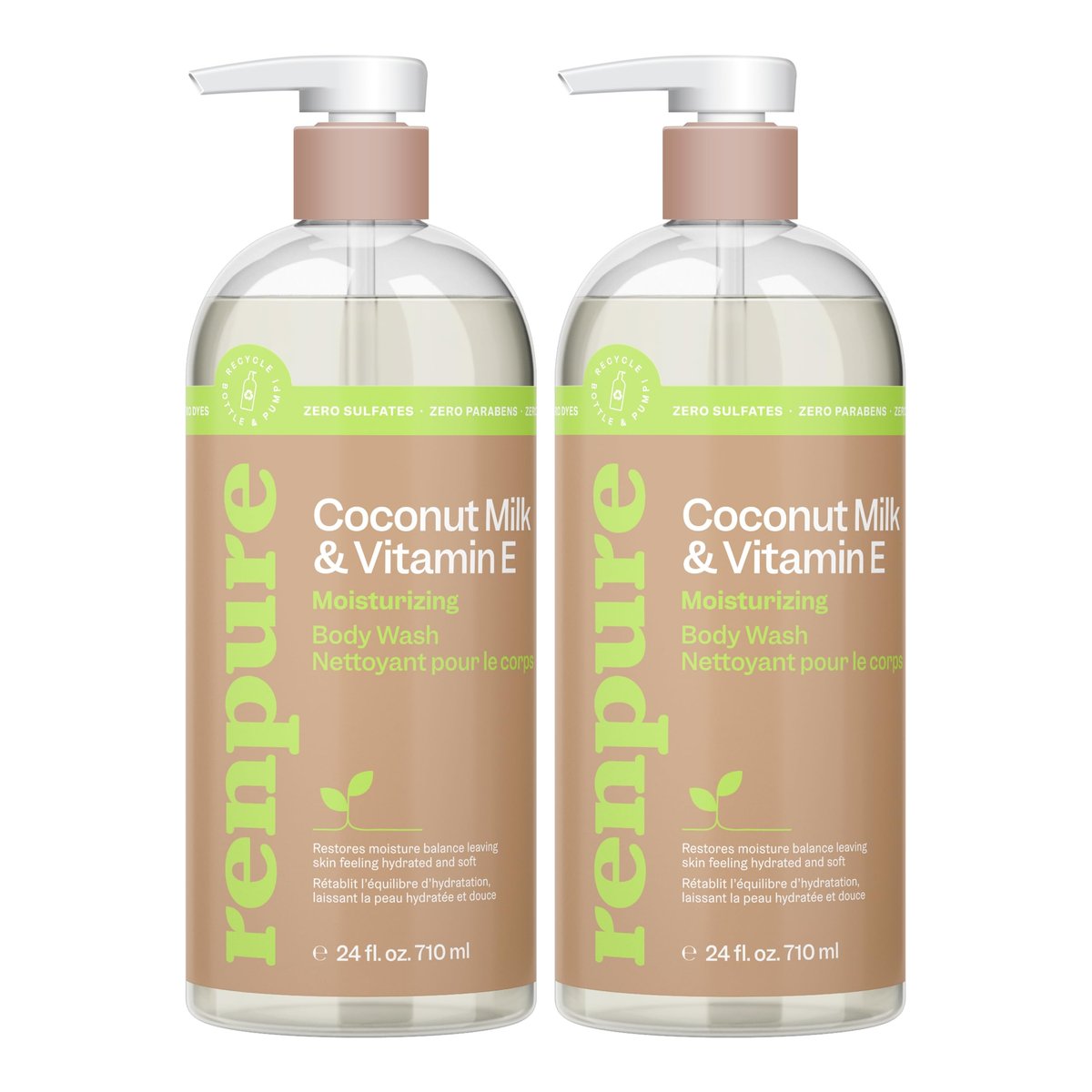 Renpure Coconut Milk & Vitamin E Moisturizing Body Wash - 24 Fl Oz (Pack of 2) - Gently Cleanses & Restores Moisture Balance for Soft, Hydrated Skin - görsel 1