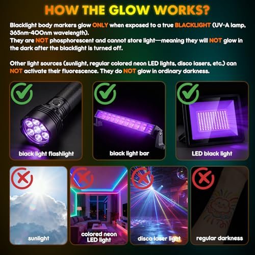 nsxsu Glow in The Dark Face Paint Markers 10 Colors - Washable UV Neon Body Paint Pens for Skin, Glow Party Supplies, Pride, 4th of July Avelisse