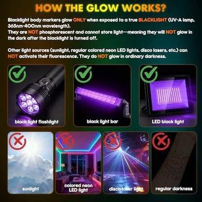 nsxsu Glow in The Dark Face Paint Markers 10 Colors - Washable UV Neon Body Paint Pens for Skin, Glow Party Supplies, Pride, 4th of July Avelisse