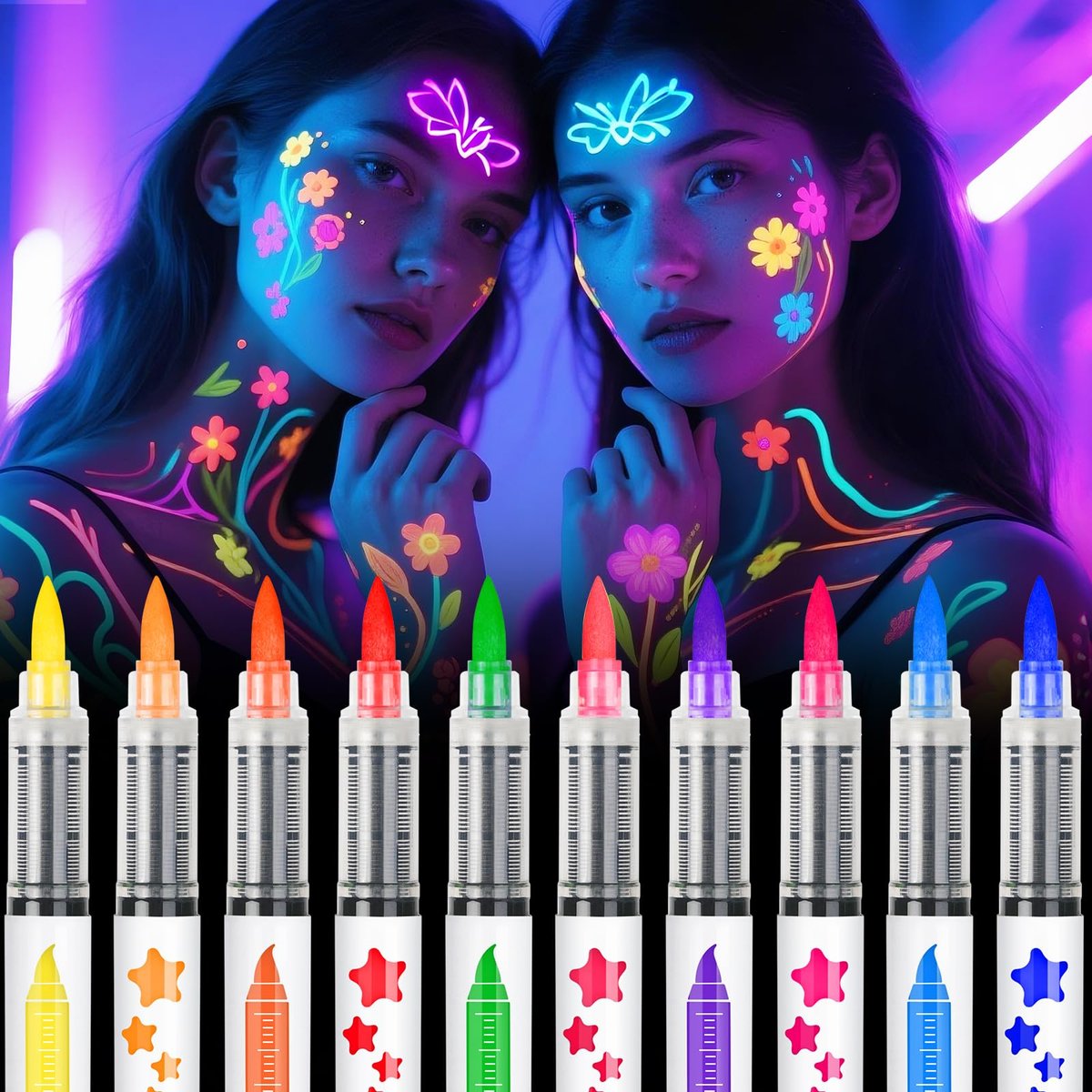 nsxsu Glow in The Dark Face Paint Markers 10 Colors - Washable UV Neon Body Paint Pens for Skin, Glow Party Supplies, Pride, 4th of July Avelisse