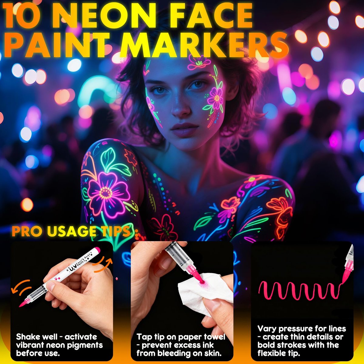 nsxsu Glow in The Dark Face Paint Markers 10 Colors - Washable UV Neon Body Paint Pens for Skin, Glow Party Supplies, Pride, 4th of July Avelisse