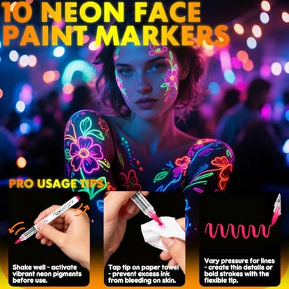 nsxsu Glow in The Dark Face Paint Markers 10 Colors - Washable UV Neon Body Paint Pens for Skin, Glow Party Supplies, Pride, 4th of July Avelisse