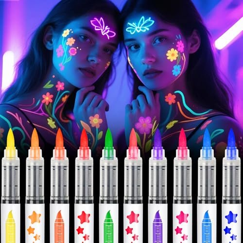 nsxsu Glow in The Dark Face Paint Markers 10 Colors - Washable UV Neon Body Paint Pens for Skin, Glow Party Supplies, Pride, 4th of July Avelisse