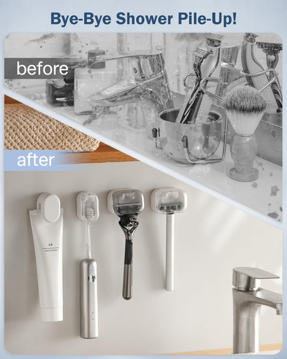 BEZOX Wall Mounted Razor Holder (2-Pack) – Auto-Closing Dust Cover, No-Drill Adhesive Mount, Razor Organizer for Shower & Bathroom