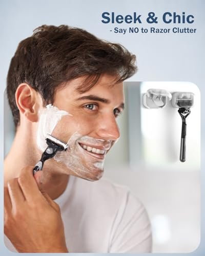 BEZOX Wall Mounted Razor Holder (2-Pack) – Auto-Closing Dust Cover, No-Drill Adhesive Mount, Razor Organizer for Shower & Bathroom - görsel 4