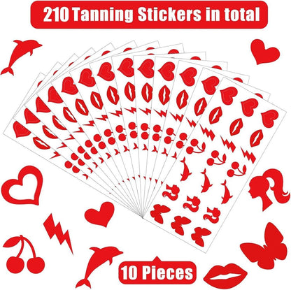 210-Piece Tanning Stickers for Body - Multi-Style Self-Adhesive Tanning Tattoo Stickers for Sunbathing & Tanning Beds, Waterproof, Sexy Kiss & Dolphin Patterns, Single Use Paper Stickers