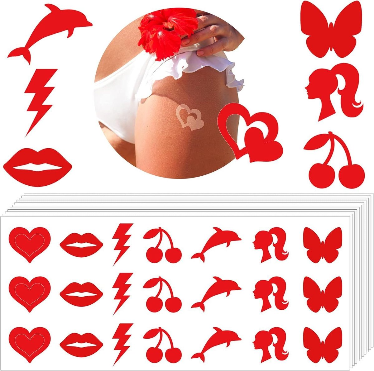 210-Piece Tanning Stickers for Body - Multi-Style Self-Adhesive Tanning Tattoo Stickers for Sunbathing & Tanning Beds, Waterproof, Sexy Kiss & Dolphin Patterns, Single Use Paper Stickers - görsel 15