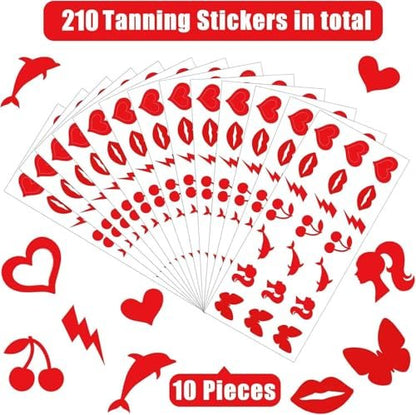 210-Piece Tanning Stickers for Body - Multi-Style Self-Adhesive Tanning Tattoo Stickers for Sunbathing & Tanning Beds, Waterproof, Sexy Kiss & Dolphin Patterns, Single Use Paper Stickers