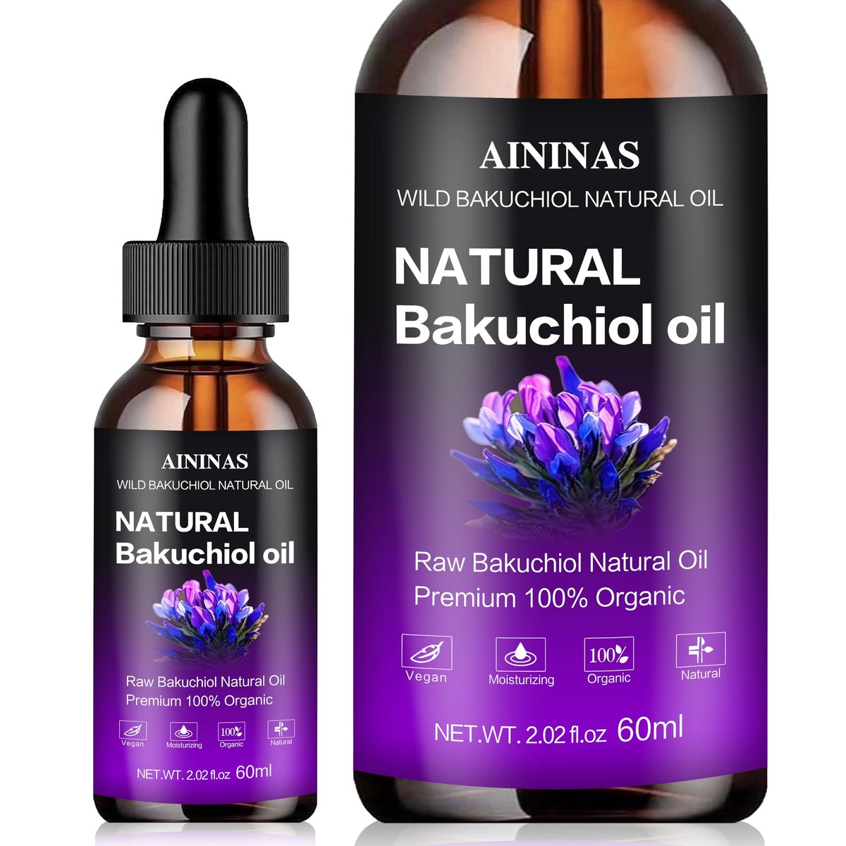 AIninas Bakuchiol Oil Organic for Face - Natural Retinol Alternative Reduces Wrinkles & Fine Lines, Sensitive Skin Safe, Mix with Moisturizer - Hydrating Facial Serum for Day & Night Use, 2 fl oz Avelisse