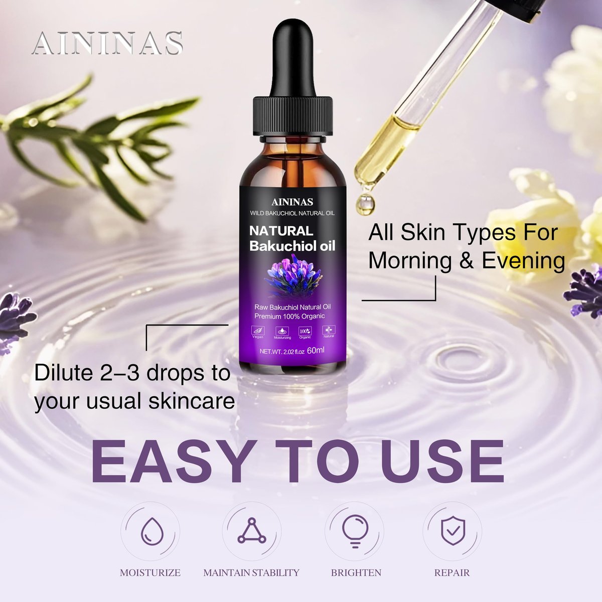 AIninas Bakuchiol Oil Organic for Face - Natural Retinol Alternative Reduces Wrinkles & Fine Lines, Sensitive Skin Safe, Mix with Moisturizer - Hydrating Facial Serum for Day & Night Use, 2 fl oz Avelisse