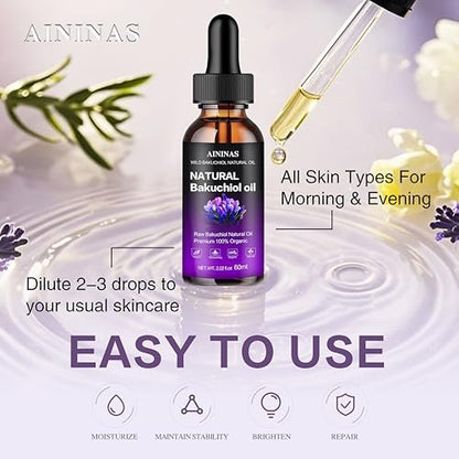 AIninas Bakuchiol Oil Organic for Face - Natural Retinol Alternative Reduces Wrinkles & Fine Lines, Sensitive Skin Safe, Mix with Moisturizer - Hydrating Facial Serum for Day & Night Use, 2 fl oz Avelisse
