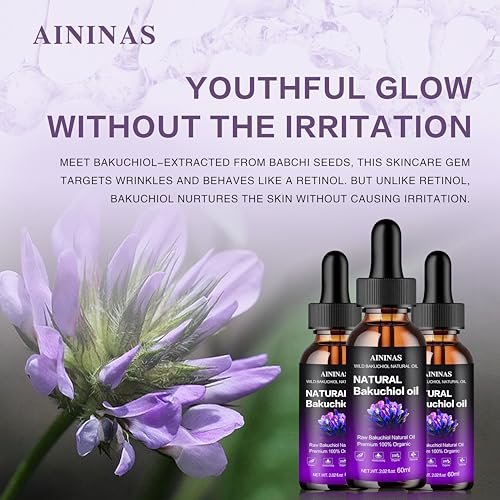 AIninas Bakuchiol Oil Organic for Face - Natural Retinol Alternative Reduces Wrinkles & Fine Lines, Sensitive Skin Safe, Mix with Moisturizer - Hydrating Facial Serum for Day & Night Use, 2 fl oz Avelisse