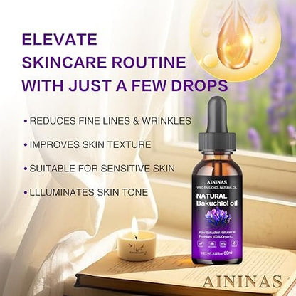 AIninas Bakuchiol Oil Organic for Face - Natural Retinol Alternative Reduces Wrinkles & Fine Lines, Sensitive Skin Safe, Mix with Moisturizer - Hydrating Facial Serum for Day & Night Use, 2 fl oz Avelisse