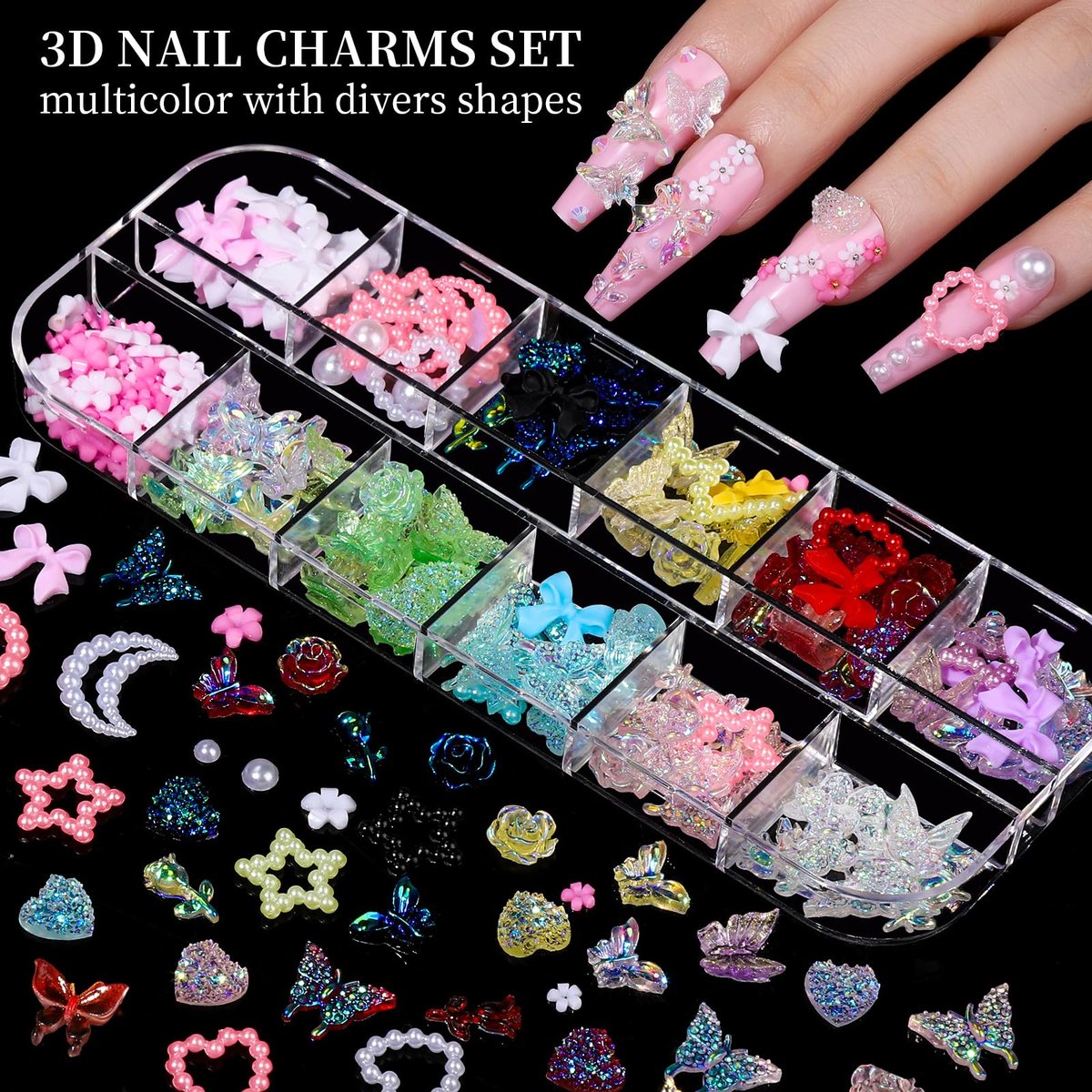 FANDAMEI Nail Charms Kit - 8 Boxes of Colorful Rhinestones, 3D Nail Gems, Flatback Crystals for Nail Art & Crafts - görsel 3