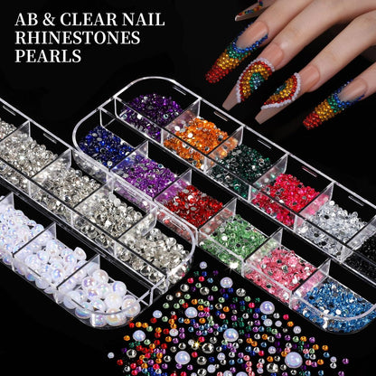 FANDAMEI Nail Charms Kit - 8 Boxes of Colorful Rhinestones, 3D Nail Gems, Flatback Crystals for Nail Art & Crafts
