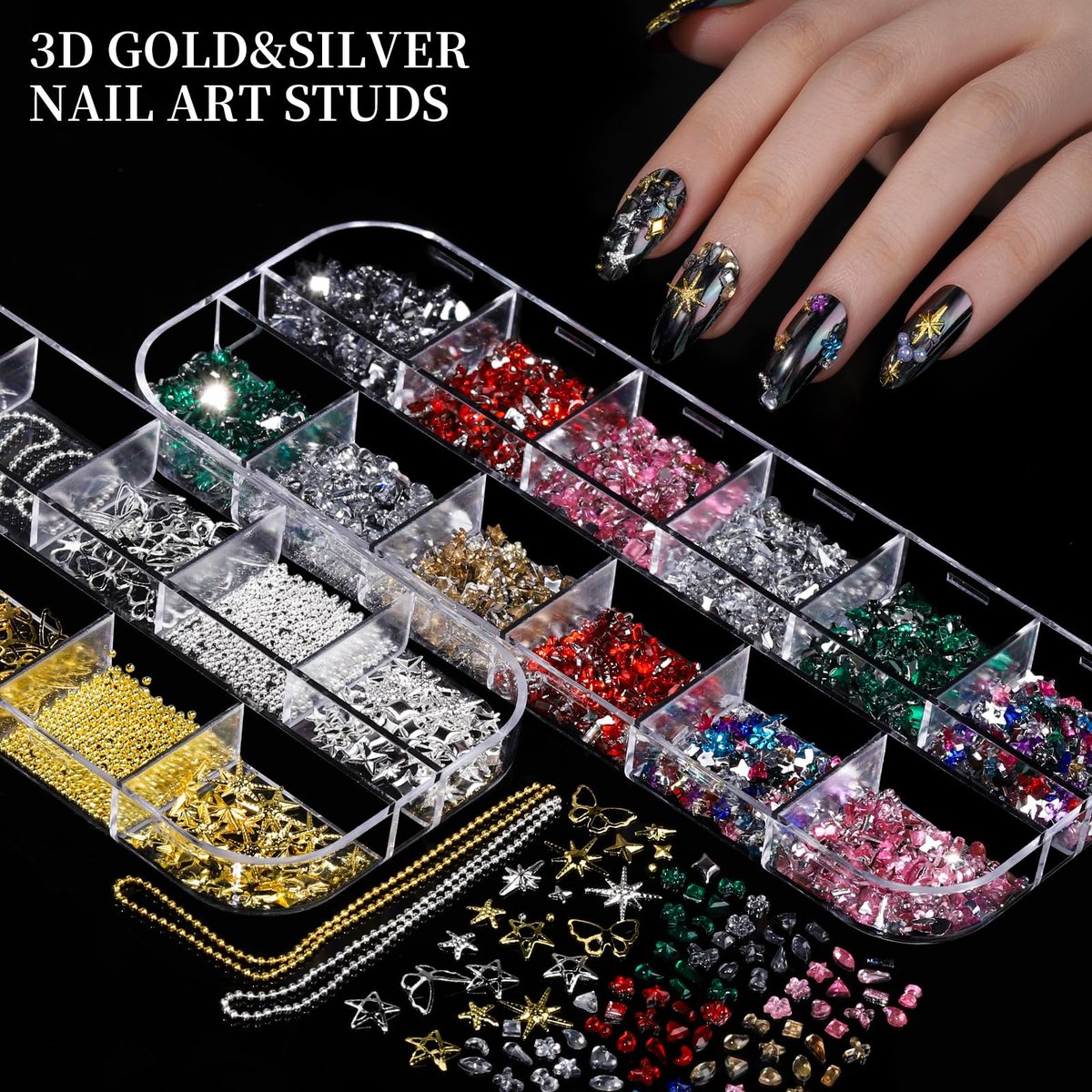FANDAMEI Nail Charms Kit - 8 Boxes of Colorful Rhinestones, 3D Nail Gems, Flatback Crystals for Nail Art & Crafts - görsel 9