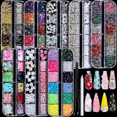 FANDAMEI Nail Charms Kit - 8 Boxes of Colorful Rhinestones, 3D Nail Gems, Flatback Crystals for Nail Art & Crafts - görsel 2