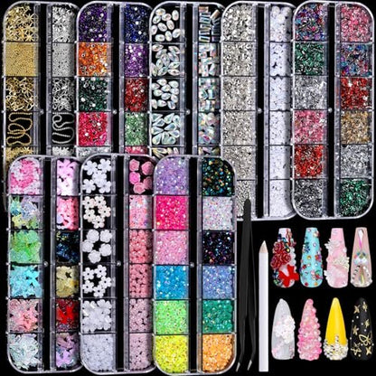 FANDAMEI Nail Charms Kit - 8 Boxes of Colorful Rhinestones, 3D Nail Gems, Flatback Crystals for Nail Art & Crafts